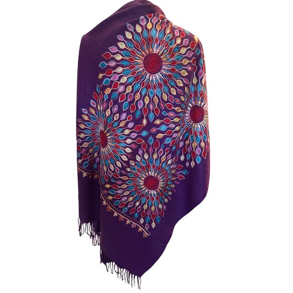 Shawl Floral Embroidered Wrap Scarf Womens Fringe Soft Oversized Purple - Picture 3 of 16